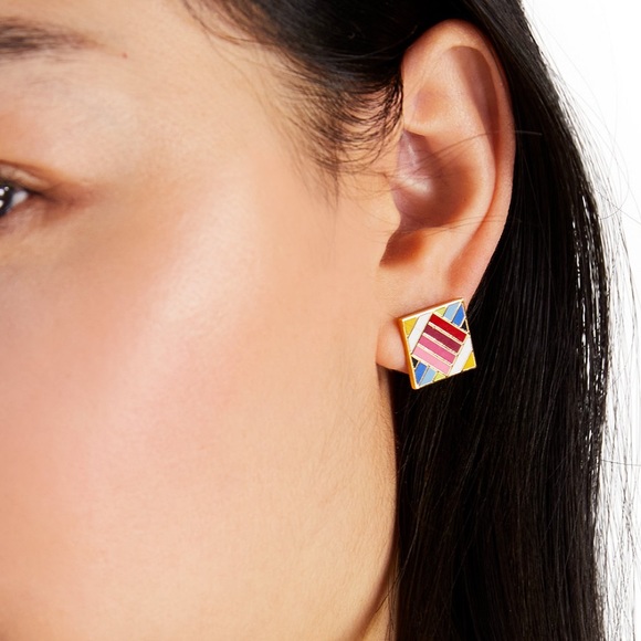 New Kate Spade Gold-Tone Multicolor Patchwork-Style Square Stud Earrings - Picture 3 of 7